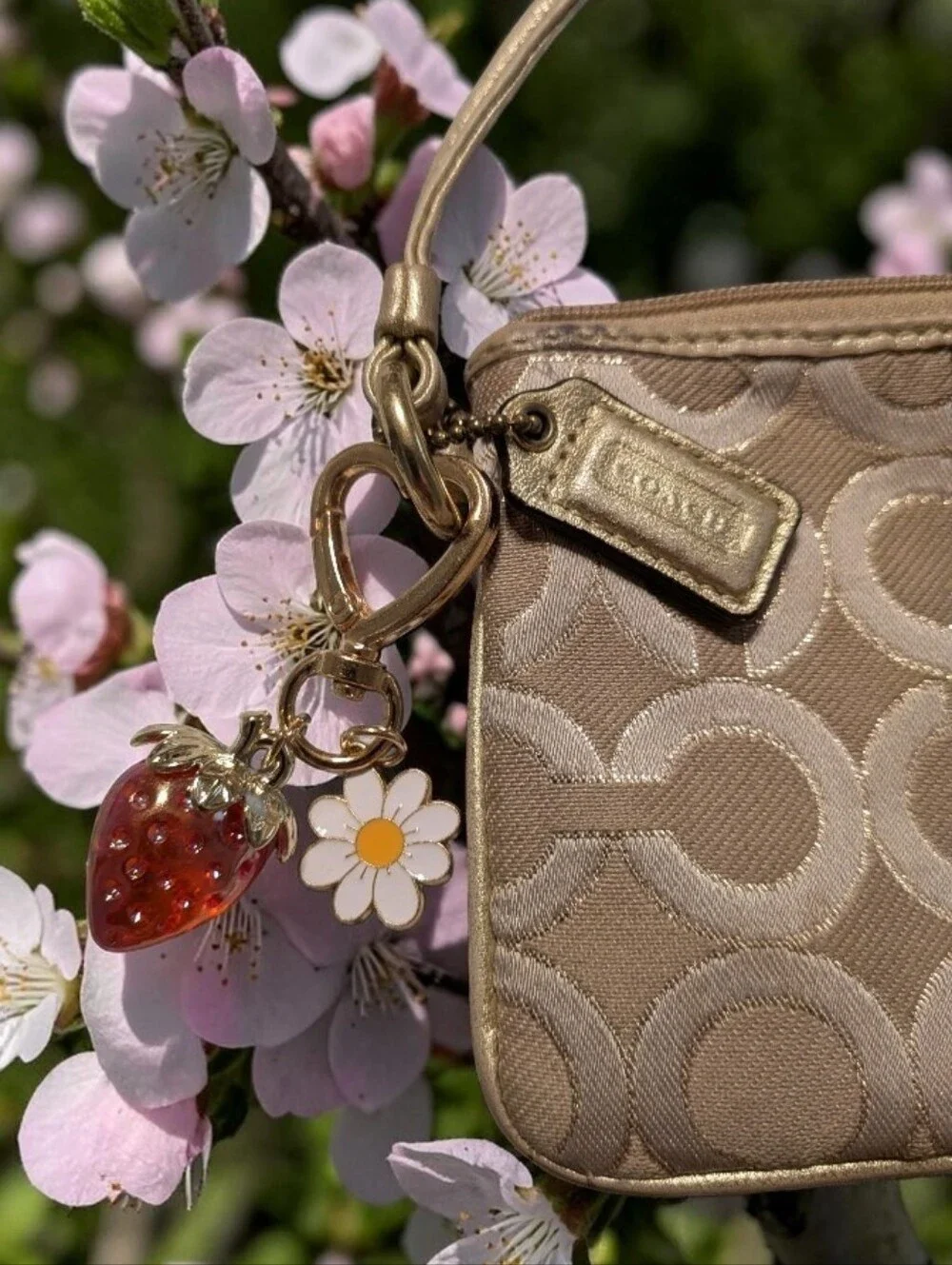 Coach Beige Signature Jacquard Wristlet with Gold Hardware